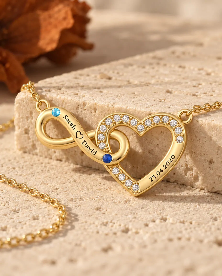 Collar Personalizado con 2 Nombres y Fecha - corazón infinito dorado con dos piedras de nacimiento
