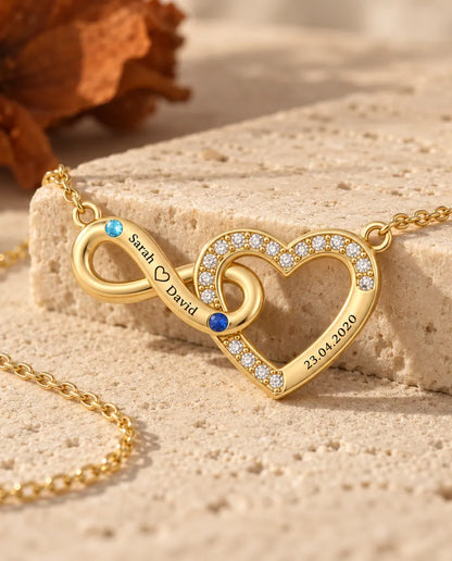 Collar Personalizado con 2 Nombres y Fecha - corazón infinito dorado con dos piedras de nacimiento