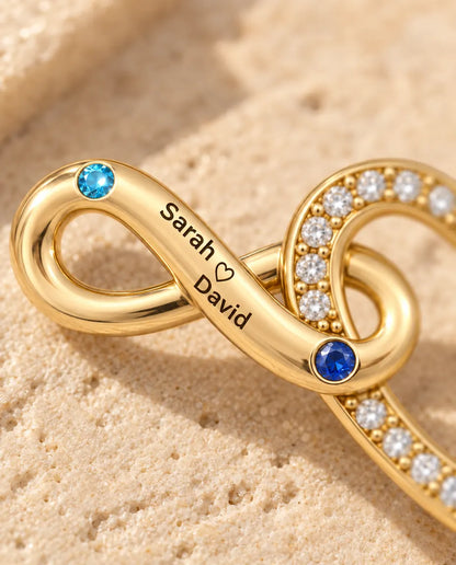 Collar Personalizado con 2 Nombres y Fecha - corazón infinito dorado con dos piedras de nacimiento