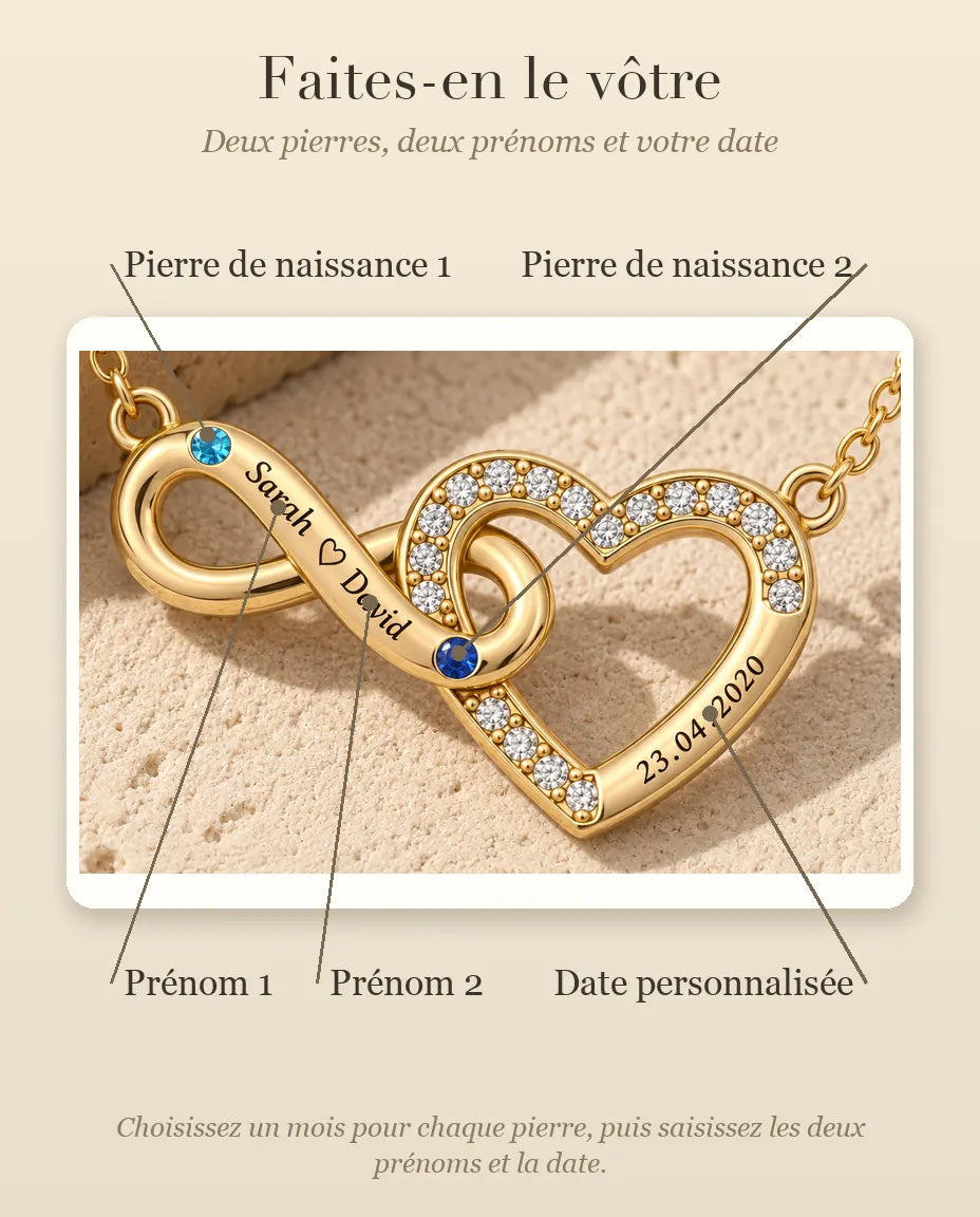 Collar Personalizado con 2 Nombres y Fecha - corazón infinito dorado con dos piedras de nacimiento