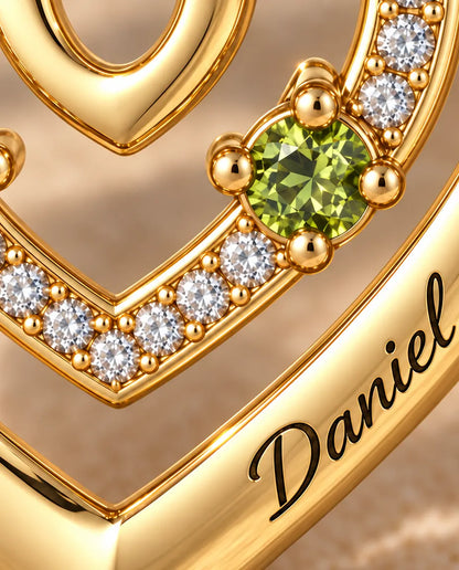 Collar Personalizado con 2 Piedras y 2 Nombres - triple corazón dorado con dos piedras de nacimiento