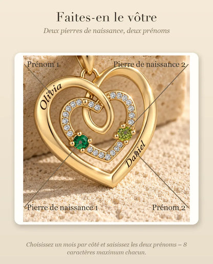 Collar Personalizado con 2 Piedras y 2 Nombres - triple corazón dorado con dos piedras de nacimiento