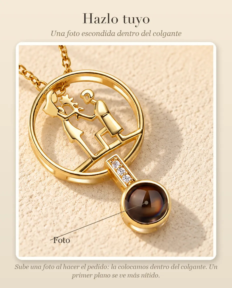 Guía de personalización que muestra dónde va tu foto dentro de la bola del collar de pedida de mano