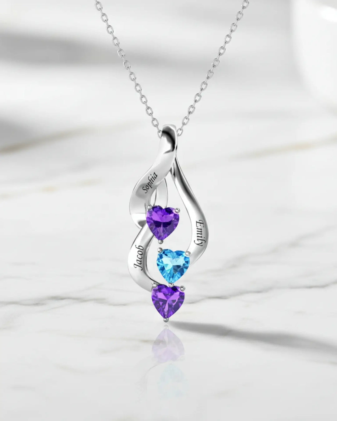 Collar con piedras de nacimiento – tres corazones y tres nombres grabados en plata de ley 925, regalo para mamá