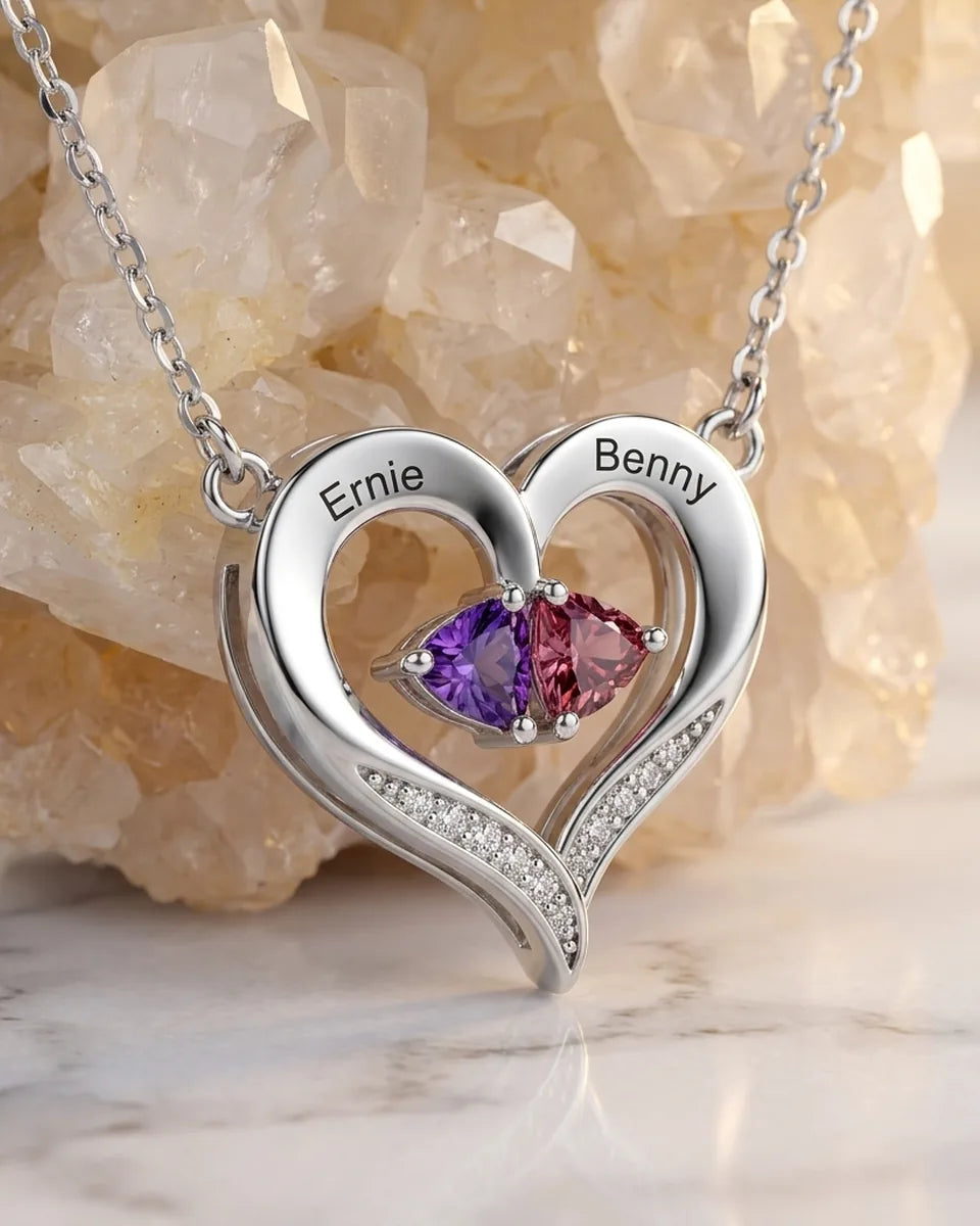 Collar con piedra de nacimiento – corazón abierto de plata de ley 925 con dos nombres grabados, regalo para mamá