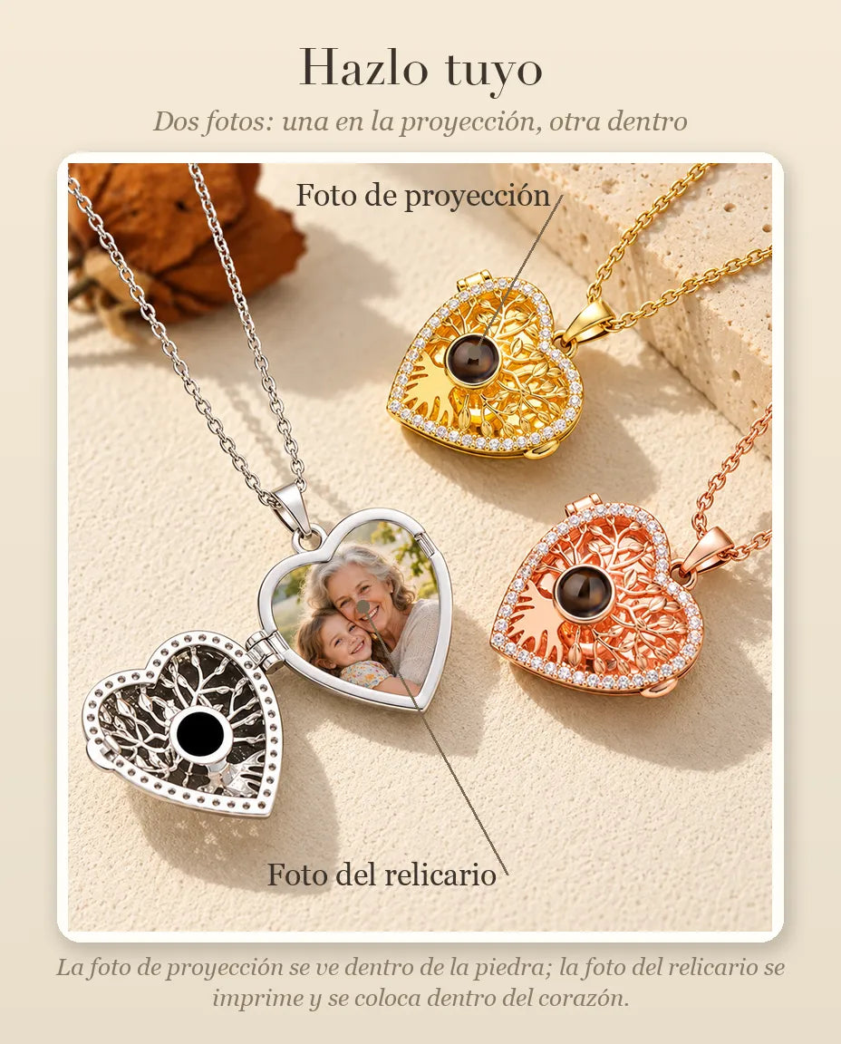 Guía de personalización que muestra dónde va la Foto de proyección, en la bola, y la Foto del relicario, dentro del corazón