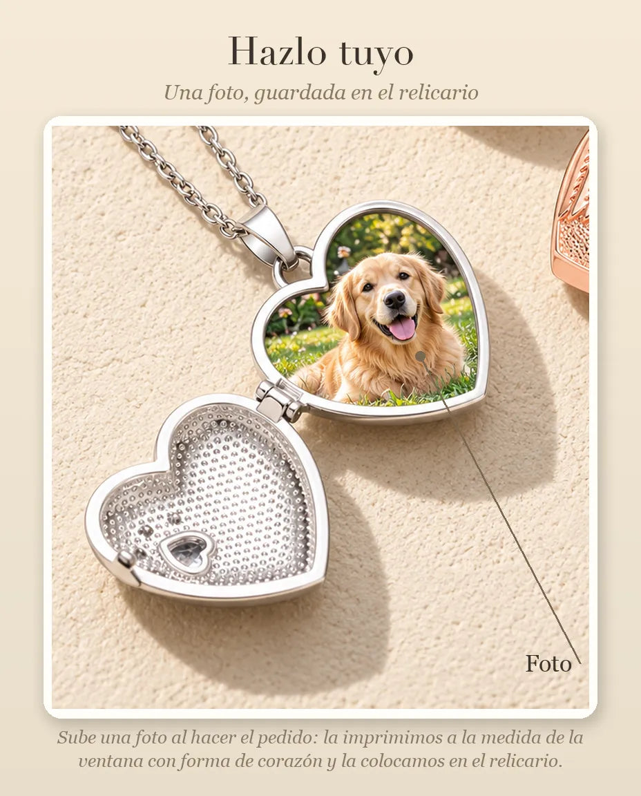 Guía de personalización que muestra dónde va tu foto dentro del relicario de corazón con ala de ángel y huella