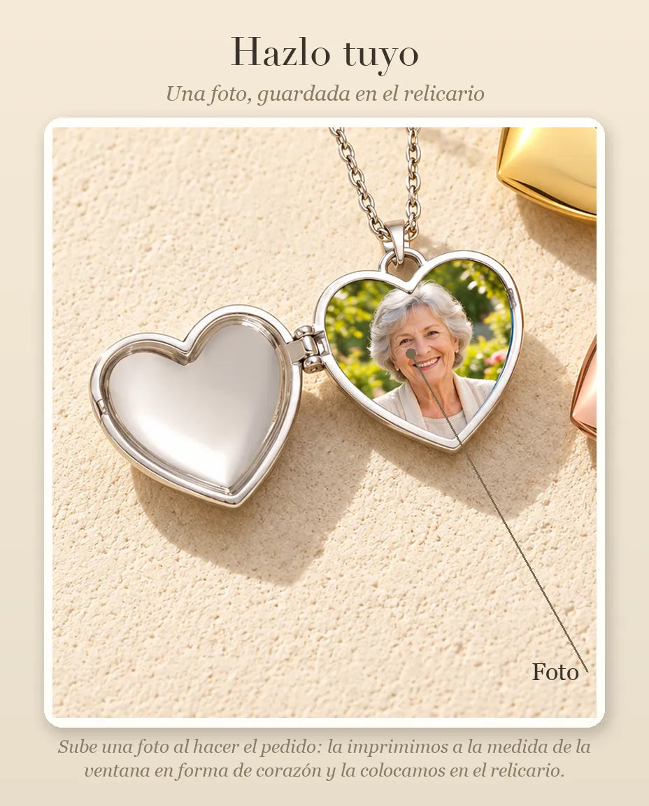 Guía de personalización que muestra dónde va tu foto dentro del relicario de corazón con alas de ángel