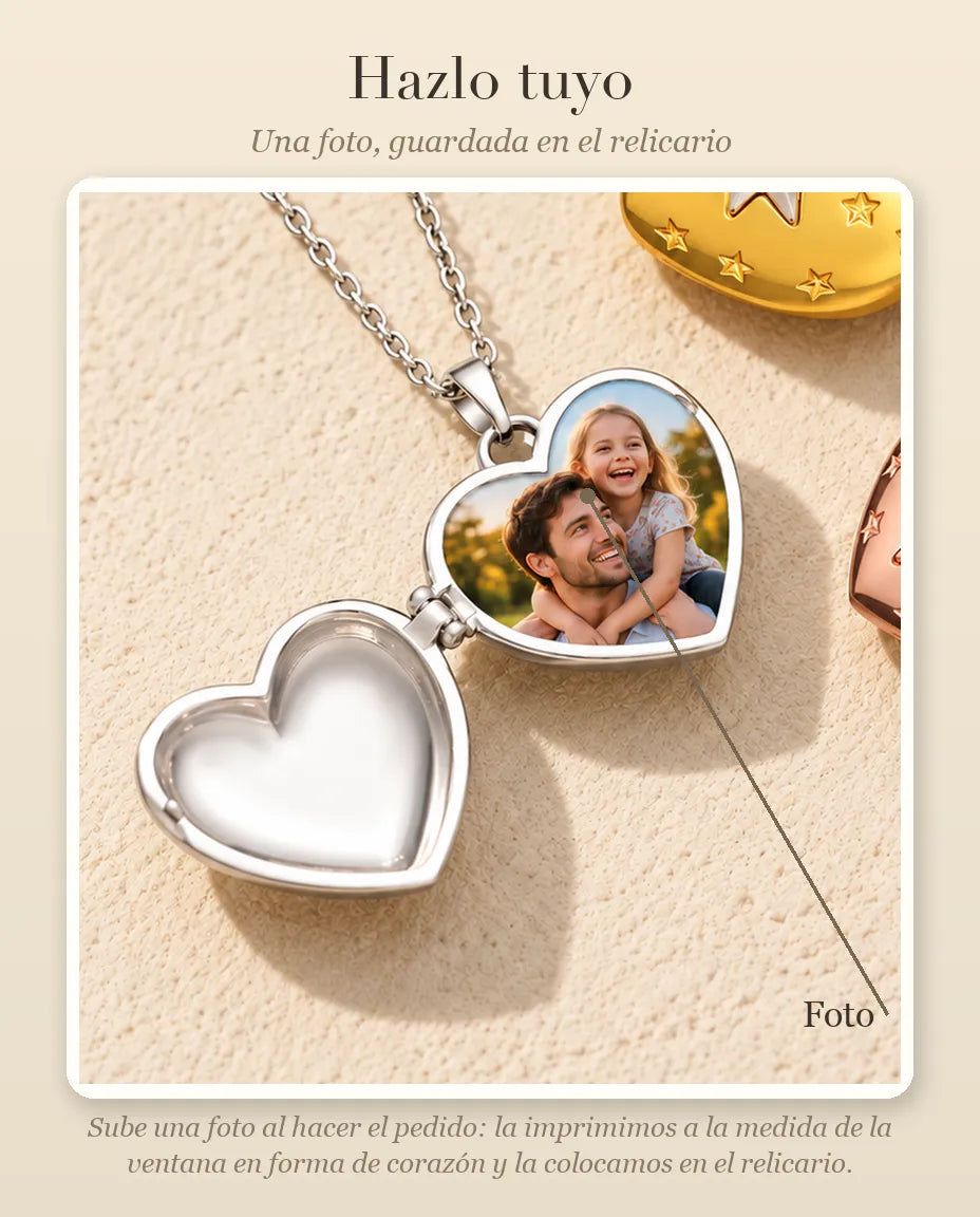 Guía de personalización que muestra dónde va tu foto dentro del relicario de corazón con estrella polar