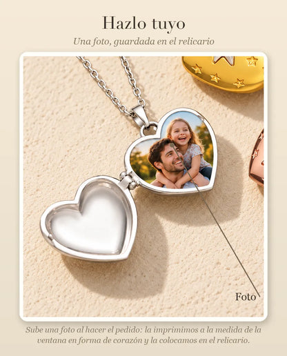 Guía de personalización que muestra dónde va tu foto dentro del relicario de corazón con estrella polar