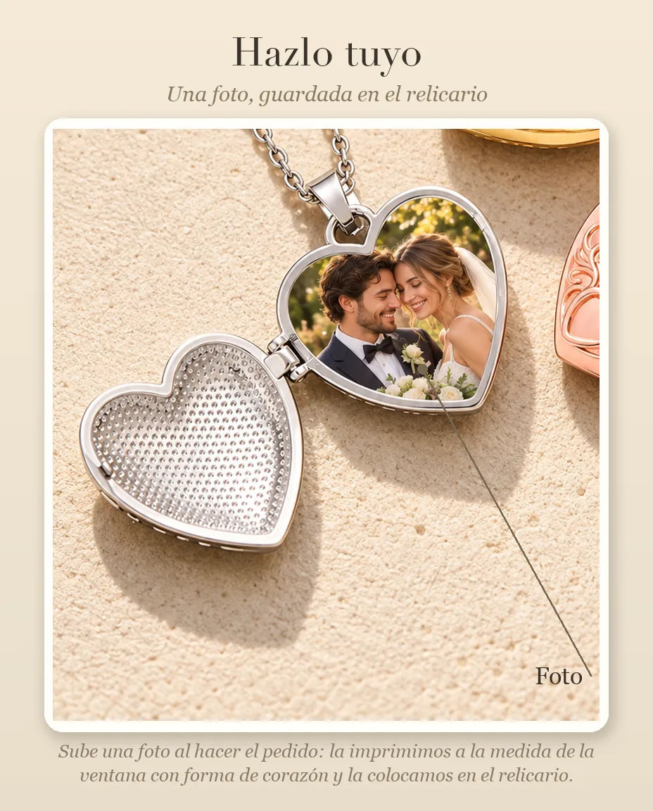 Guía de personalización que muestra dónde va tu foto dentro del relicario de corazón con flor de loto