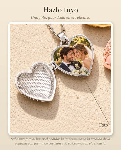 Guía de personalización que muestra dónde va tu foto dentro del relicario de corazón con flor de loto