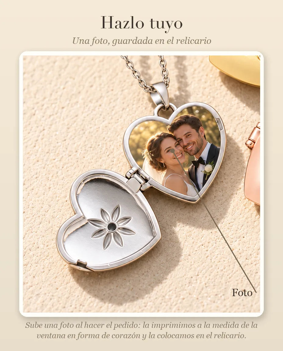 Guía de personalización que muestra dónde va tu foto dentro del relicario de corazón satinado con flor