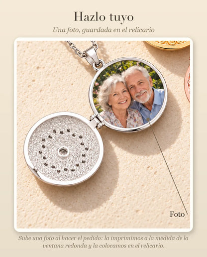 Guía de personalización que muestra dónde va tu foto dentro del relicario redondo con flor mandala