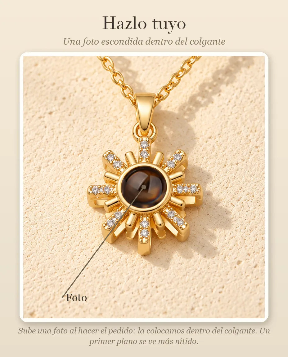 Guía de personalización que muestra dónde va tu foto dentro de la bola del collar de sol