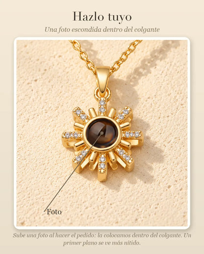 Guía de personalización que muestra dónde va tu foto dentro de la bola del collar de sol
