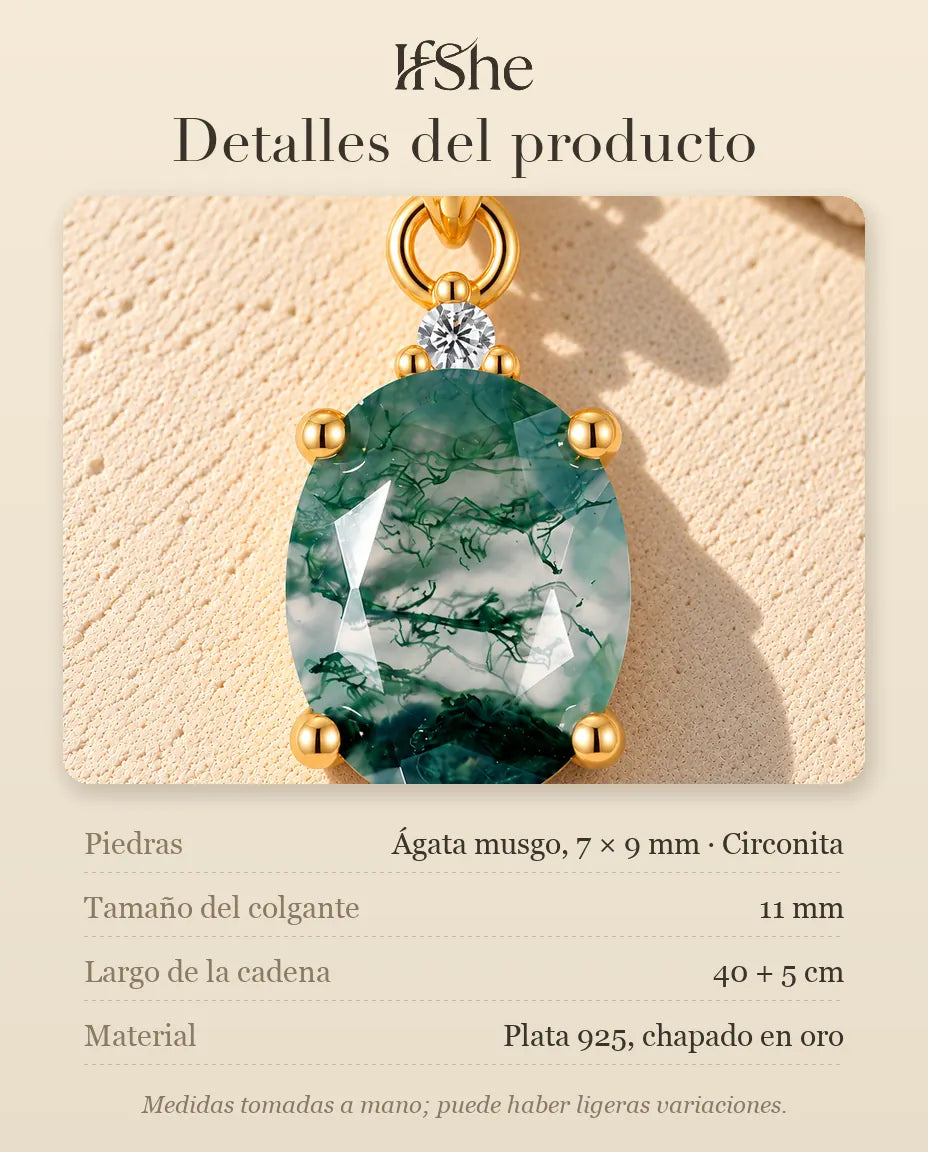 Collar Solitario de Ágata Musgosa Ovalada en Plata 925 Chapada en Oro - detalles del producto: piedras, tamaño del colgante, largo de la cadena y material