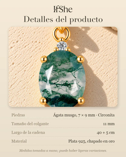 Collar Solitario de Ágata Musgosa Ovalada en Plata 925 Chapada en Oro - detalles del producto: piedras, tamaño del colgante, largo de la cadena y material