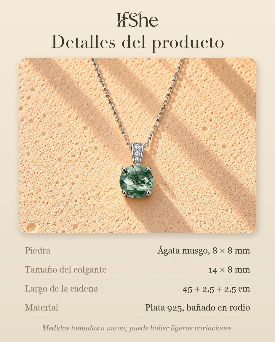 Collar Solitario de Ágata Musgosa Redonda en Plata 925 - detalles del producto: piedras, tamaño del colgante, largo de la cadena y material
