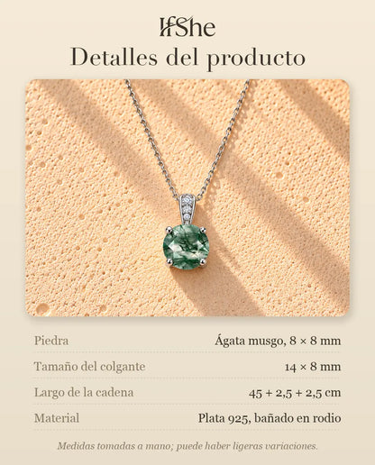Collar Solitario de Ágata Musgosa Redonda en Plata 925 - detalles del producto: piedras, tamaño del colgante, largo de la cadena y material
