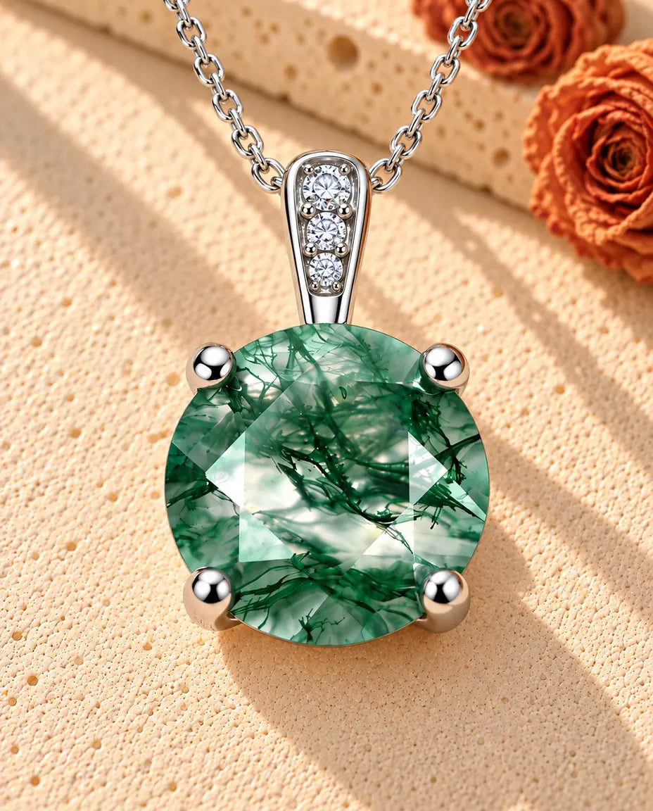 Collar Solitario de Ágata Musgosa Redonda en Plata 925 - sobre una superficie clara con textura junto a un bloque de travertino