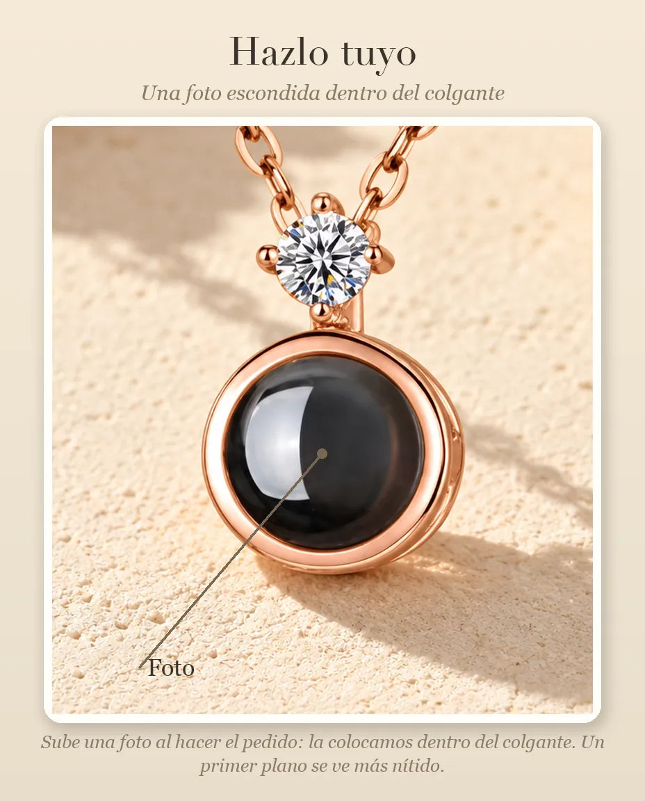 Guía de personalización que muestra dónde va tu foto dentro de la bola del collar solitario