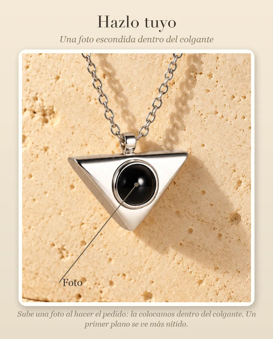 Guía de personalización que muestra dónde va tu foto dentro de la bola del collar de triángulo