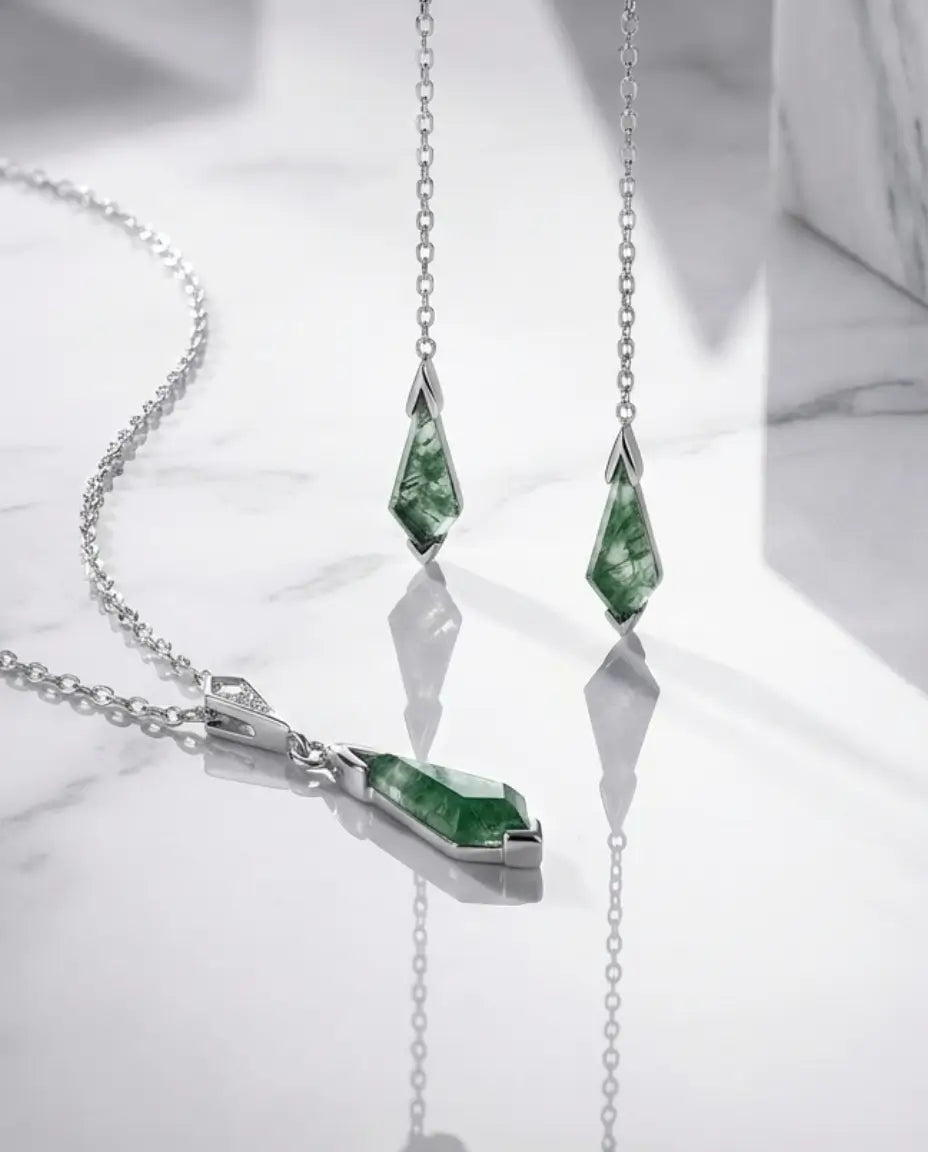 Conjunto de ágata musgosa – collar y pendientes de talla cometa, plata de ley 925 con acabado platino