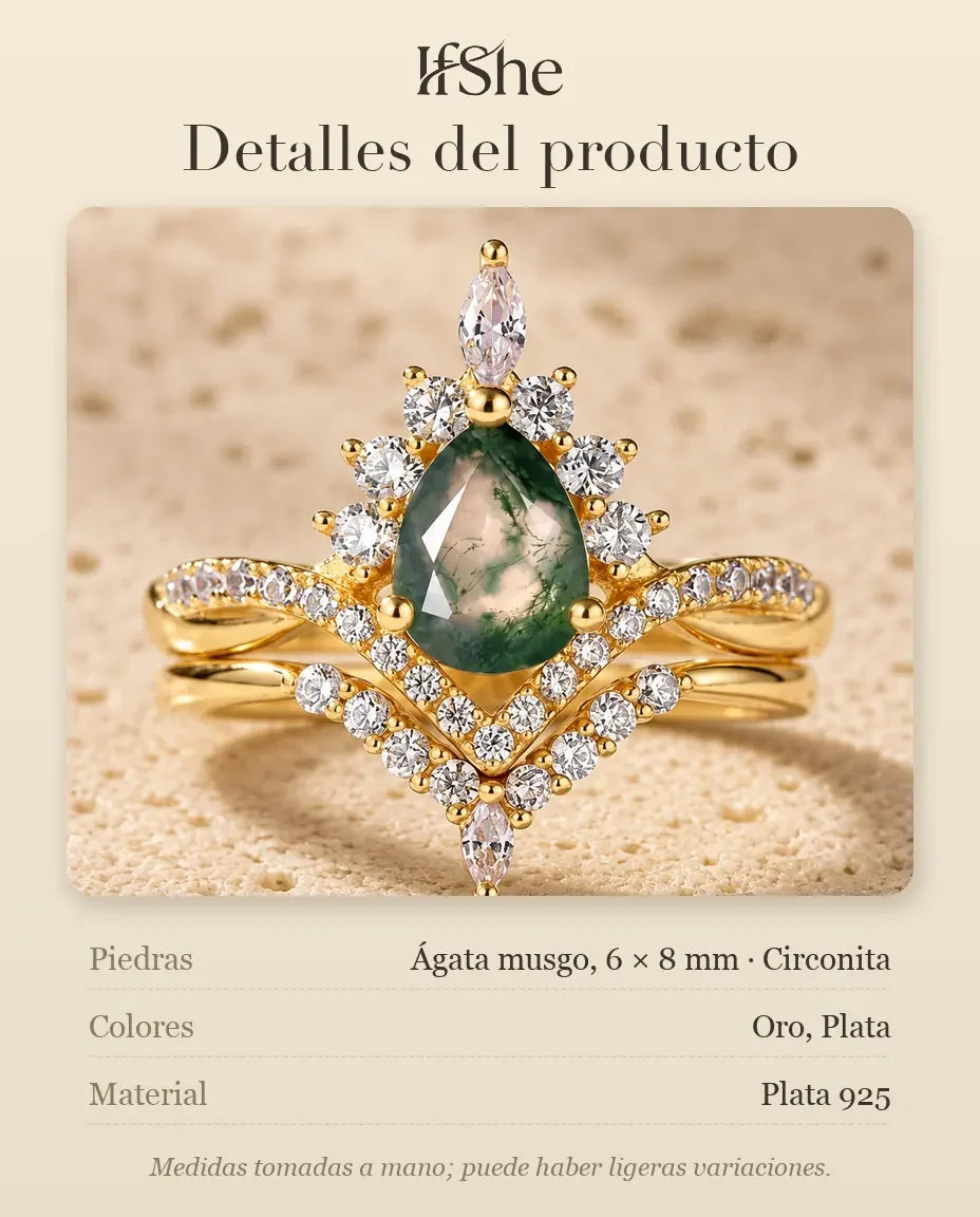 Conjunto de anillos de ágata musgosa talla pera - medidas y material