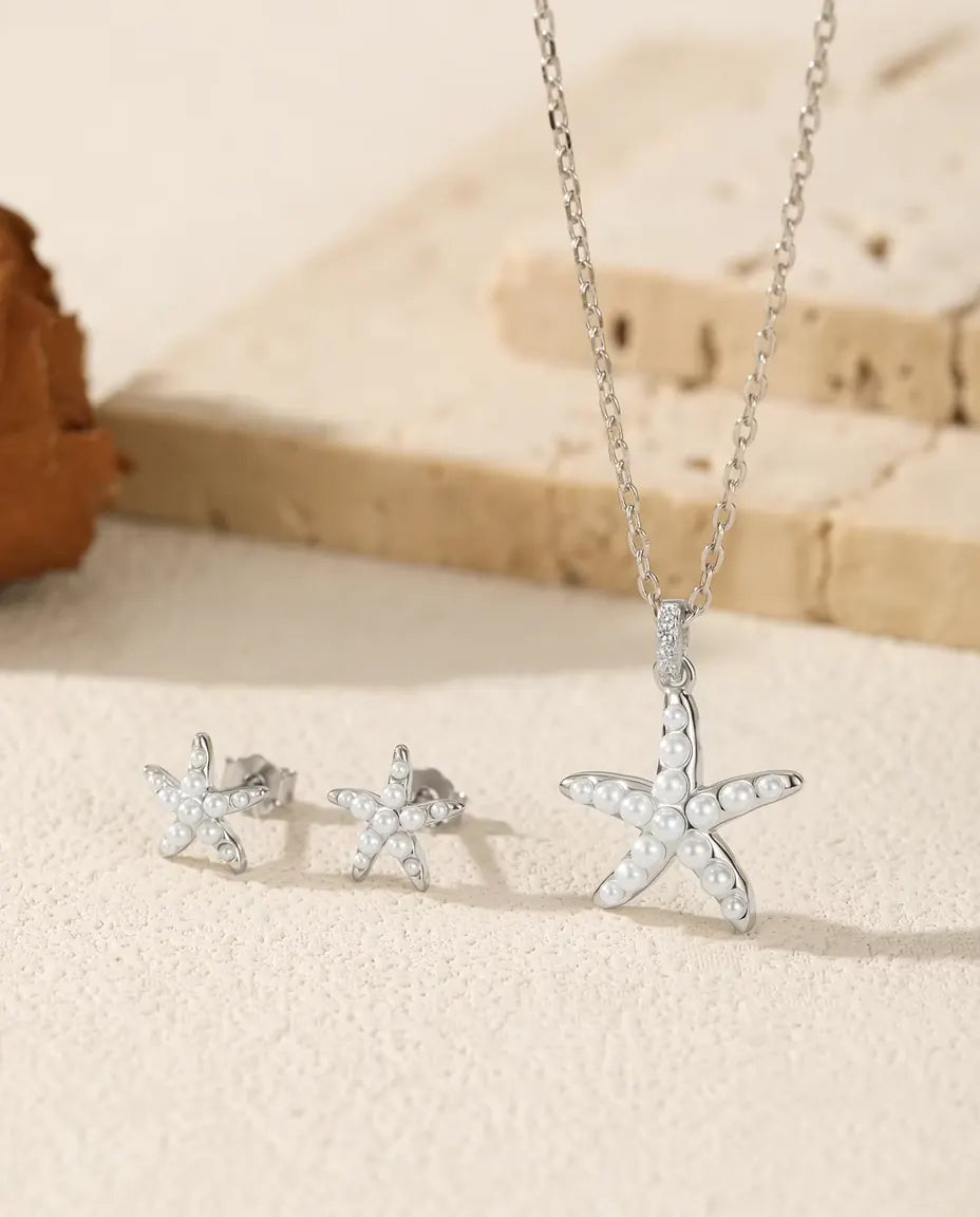 Conjunto Estrella de Mar en Plata 925 - el conjunto completo sobre piedra clara