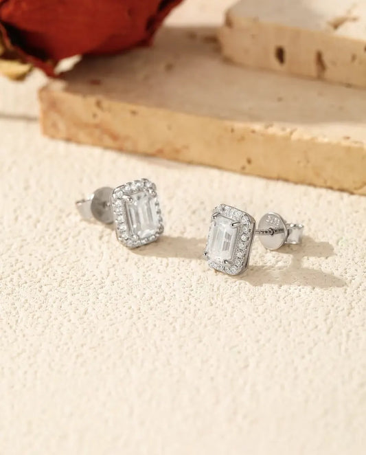 Conjunto de Moissanita Talla Esmeralda en Plata 925 – Collar con Colgante Halo y Pendientes de Botón, Piedras de 1 ct y 0,8 ct, Joyas de Novia