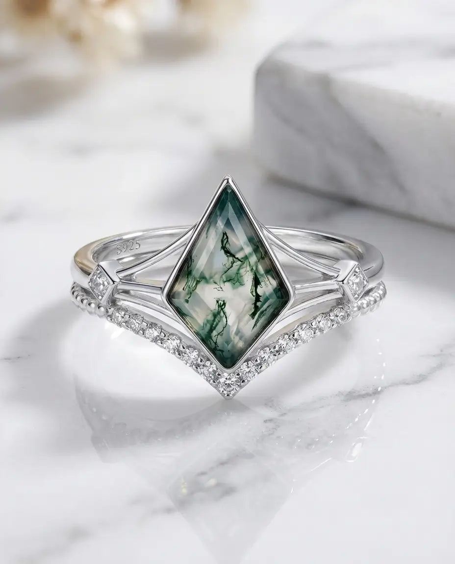 Dúo de anillos de ágata musgosa en talla cometa – aro curvo a juego y circonitas, plata de ley 925