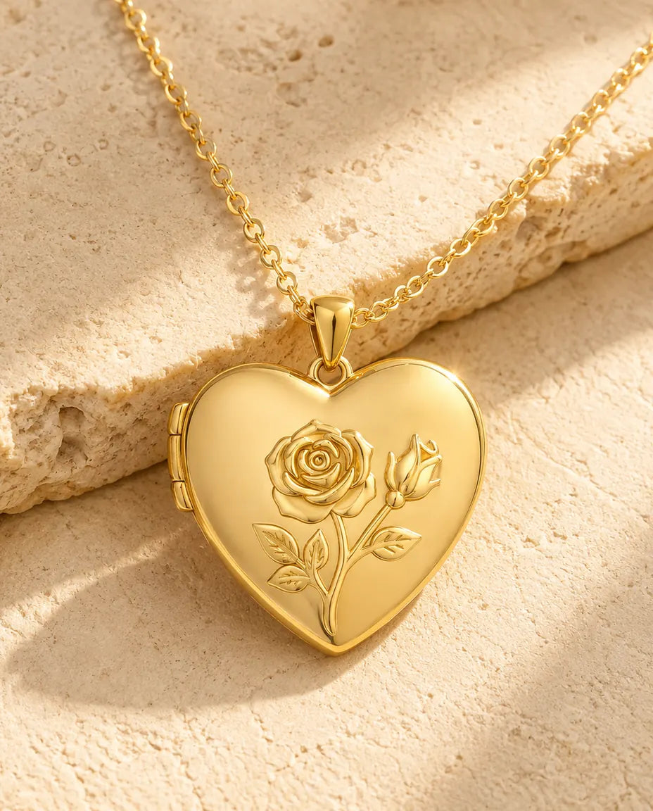 Relicario Corazón con 2 Fotos - relicario con rosa en relieve y dorso de nácar, plateado o dorado, cadena 50+5 cm