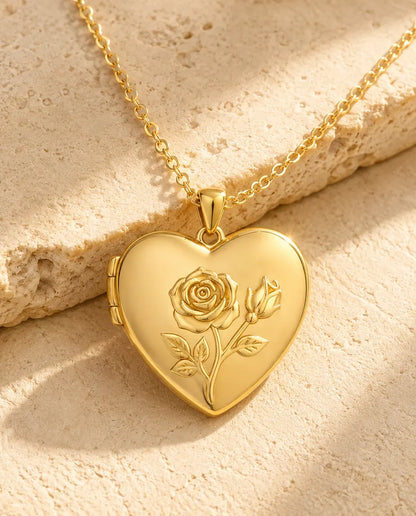 Relicario Corazón con 2 Fotos - relicario con rosa en relieve y dorso de nácar, plateado o dorado, cadena 50+5 cm