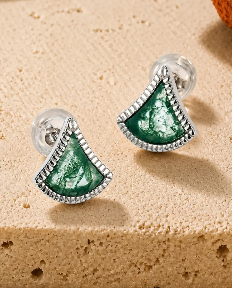 Pendientes de ágata musgosa - Ágata verde en forma de abanico con engaste acanalado, plata de ley 925, regalo para ella