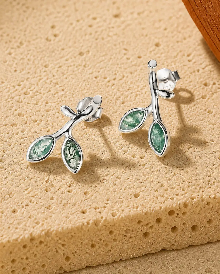 Pendientes de ágata musgosa - Dos hojas marquesa sobre un brote de plata, plata de ley 925, regalo para ella