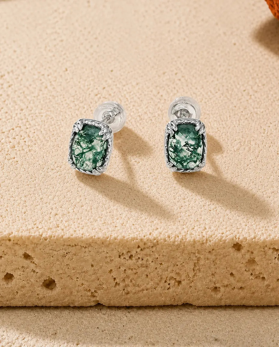 Pendientes de ágata musgosa - Talla cojín en bisel de cuerda trenzada, plata de ley 925, cierre de rosca, regalo para ella