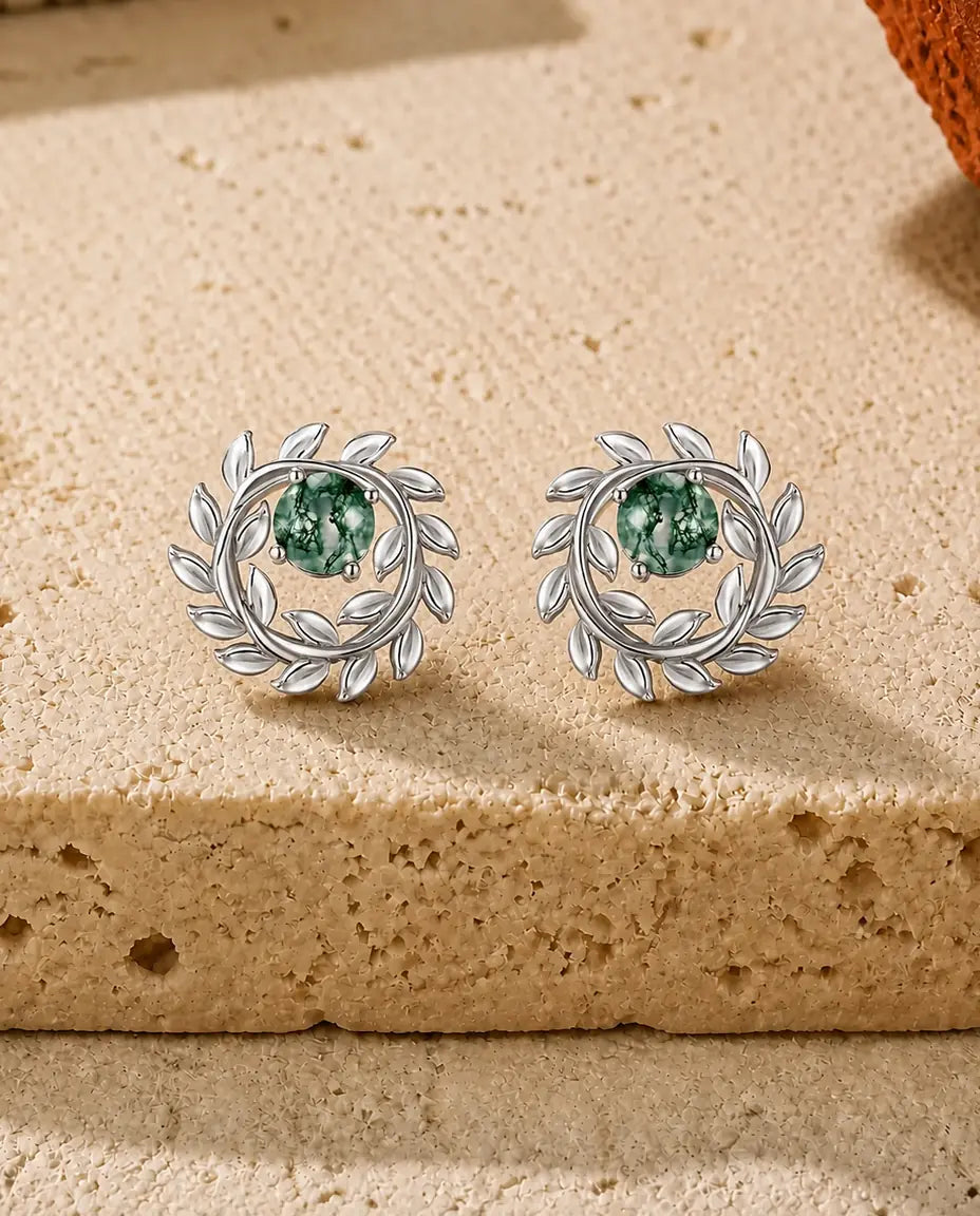 Pendientes de ágata musgosa - Ágata musgosa redonda en una corona de laurel de plata, plata de ley 925, regalo para ella
