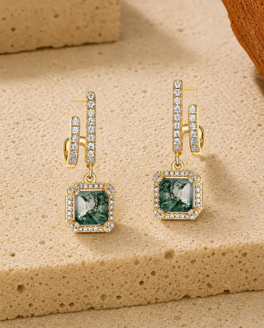 Pendientes de ágata musgosa - Cuadrado de ágata verde con halo de circonitas sobre barra, plata de ley 925 en plateado o dorado, regalo para ella