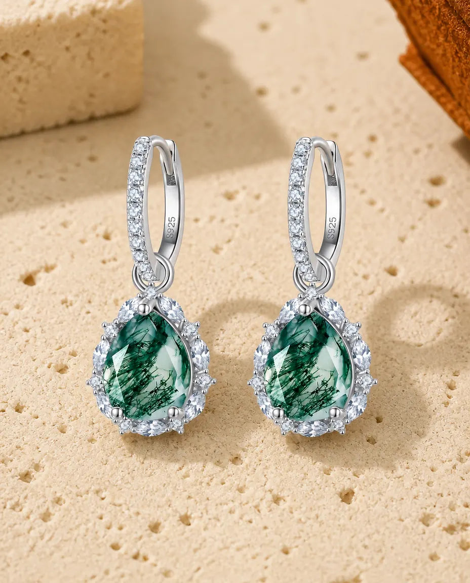 Pendientes de ágata musgosa con halo - Talla pera sobre aros pavé de circonitas, plata de ley 925, regalo para ella