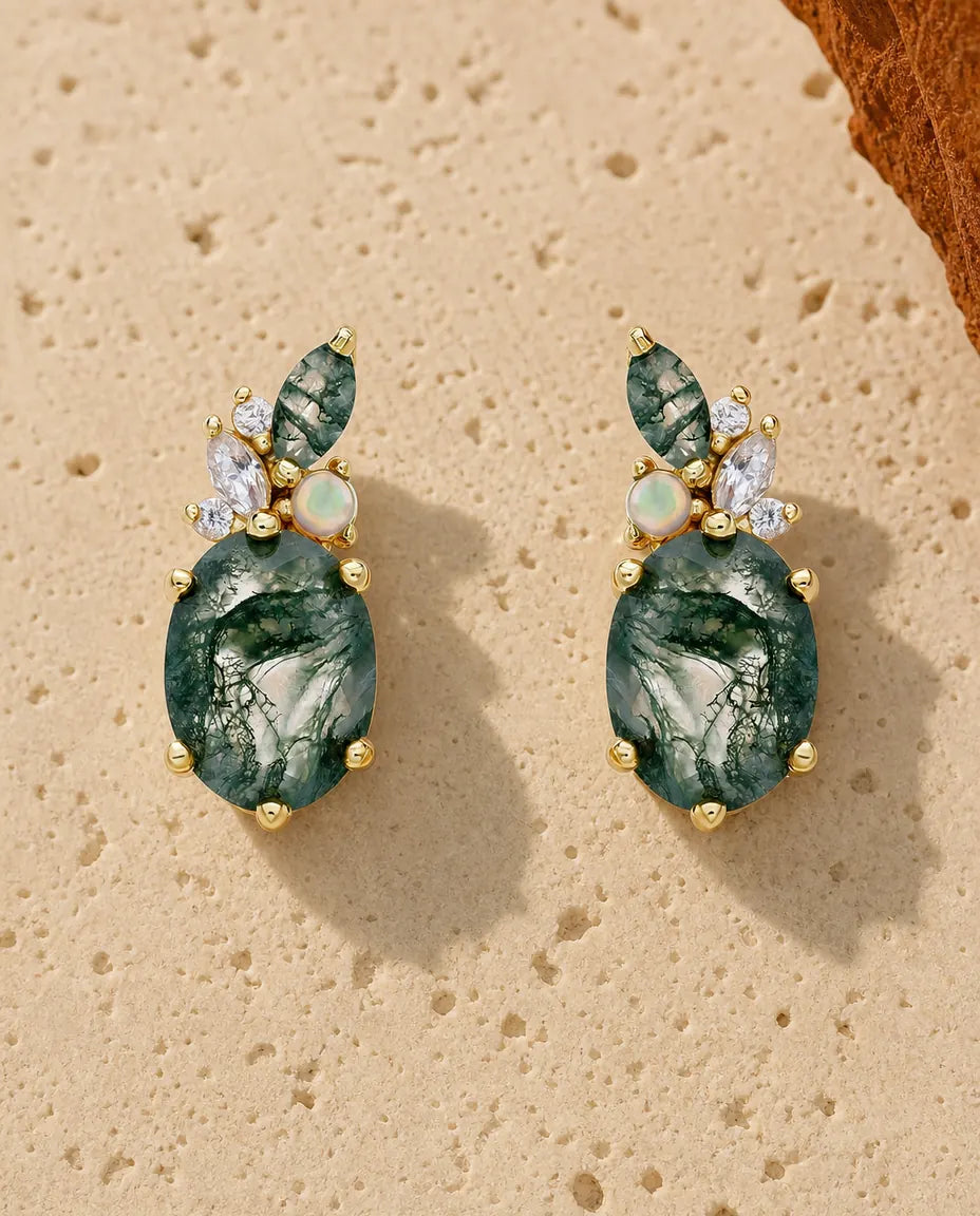 Pendientes de ágata musgosa - Ágata verde ovalada con ópalo y circonita, plata de ley 925 con baño de oro 10K, regalo para ella