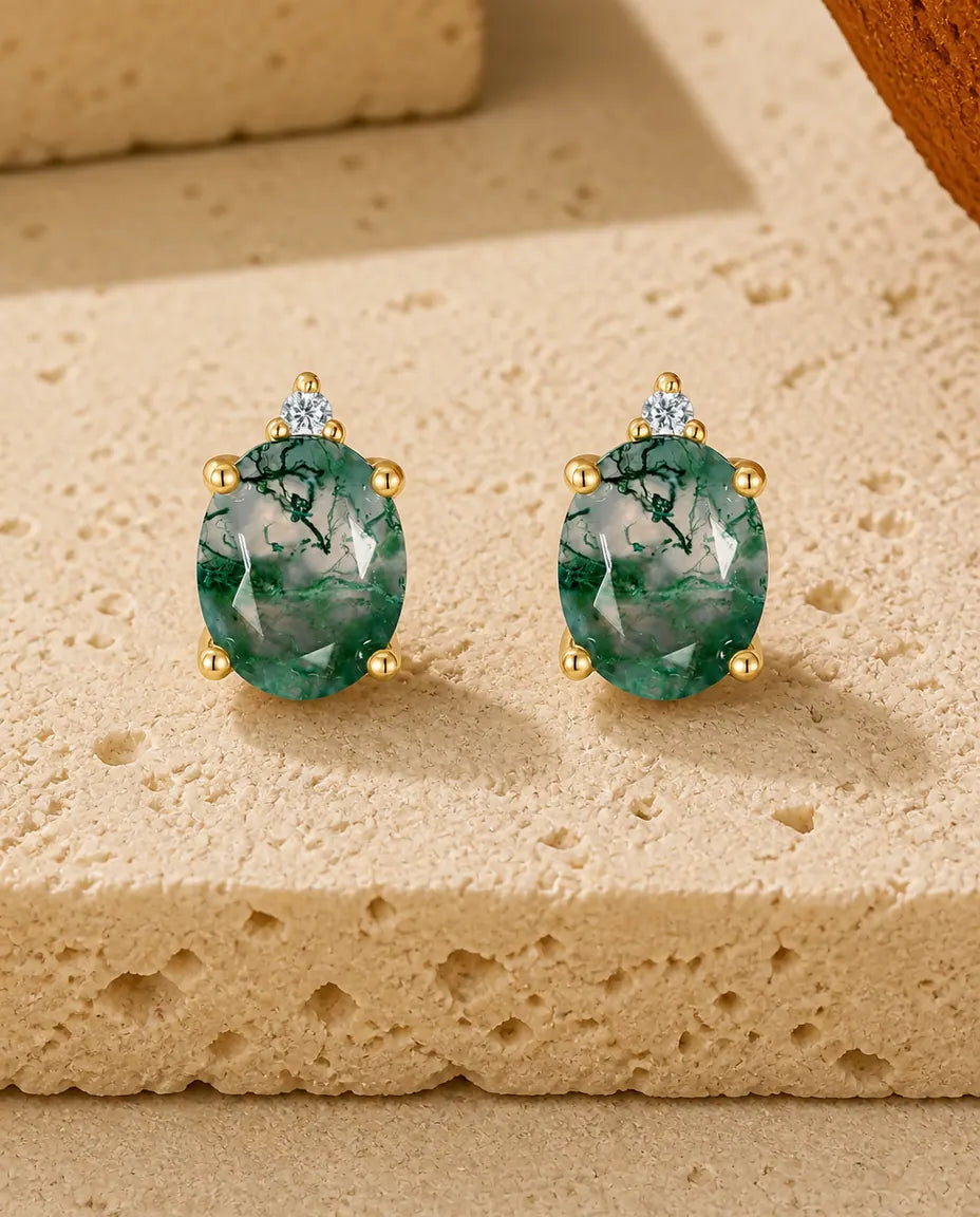 Pendientes de ágata musgosa - Óvalo de ágata verde coronado por una circonita, plata de ley 925 con baño de oro 10K, regalo para ella