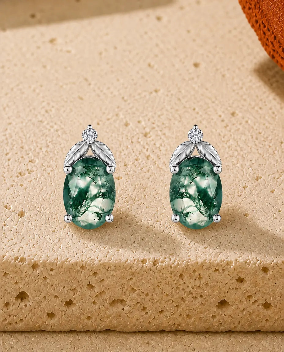 Pendientes de ágata musgosa - Óvalo de ágata musgosa bajo dos hojas de plata y una circonita, plata de ley 925, regalo para ella