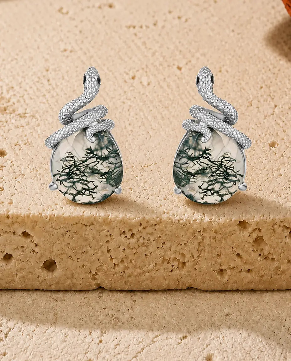 Pendientes de ágata musgosa - Serpiente enroscada sobre cabujón en forma de pera, plata de ley 925, regalo para ella
