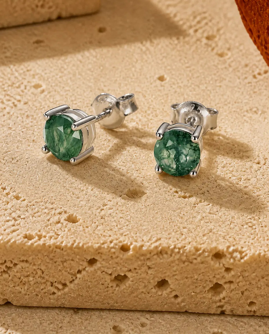 Pendientes de ágata musgosa - Solitario redondo de 6 mm con cuatro garras, plata de ley 925, regalo para ella
