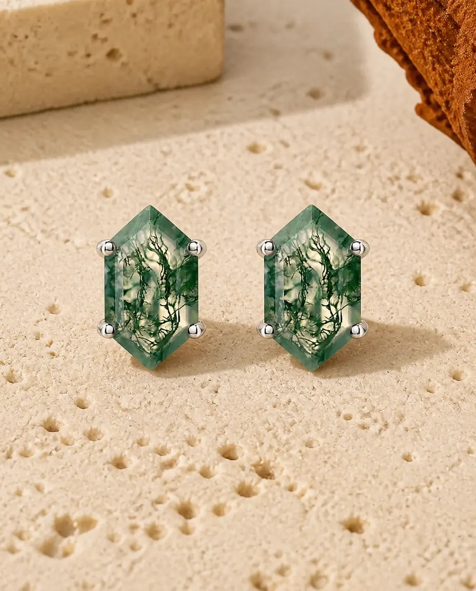 Pendientes de botón de ágata musgosa - Talla hexagonal alargada en solitario, plata de ley 925, regalo diario para ella
