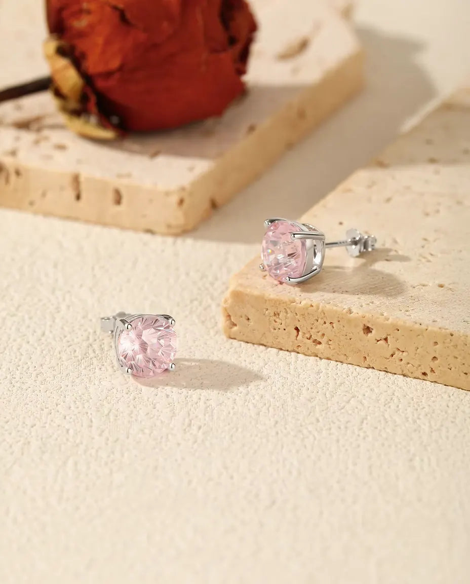 Pendientes de Botón de Circonita Rosa en Plata 925 - el par sobre piedra clara