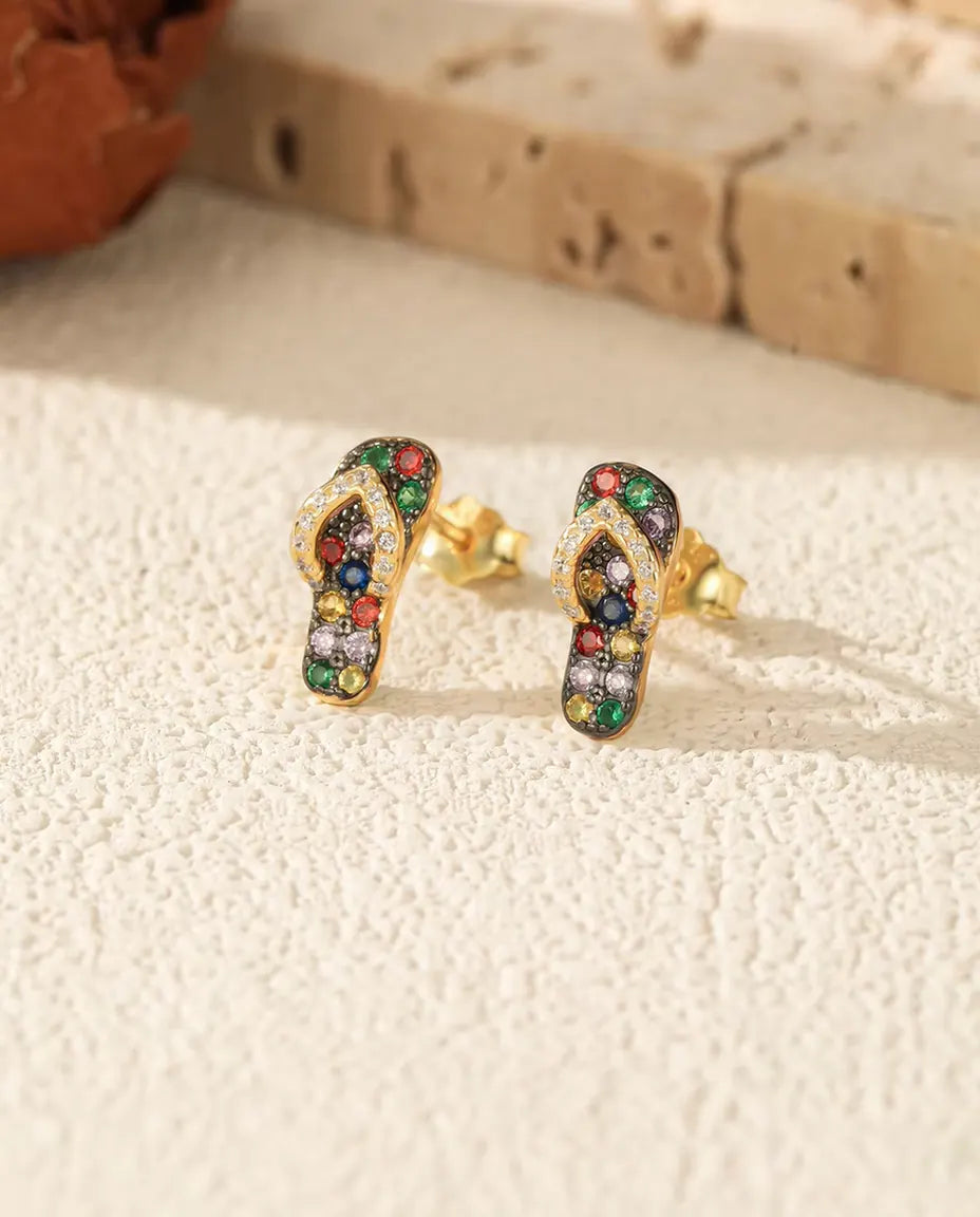 Pendientes de Chanclas con piedras de colores - plata de ley 925 chapada en oro de 18 quilates, 4,5 x 11 mm