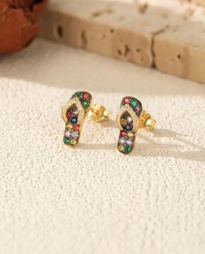 Pendientes de Chanclas con piedras de colores - plata de ley 925 chapada en oro de 18 quilates, 4,5 x 11 mm