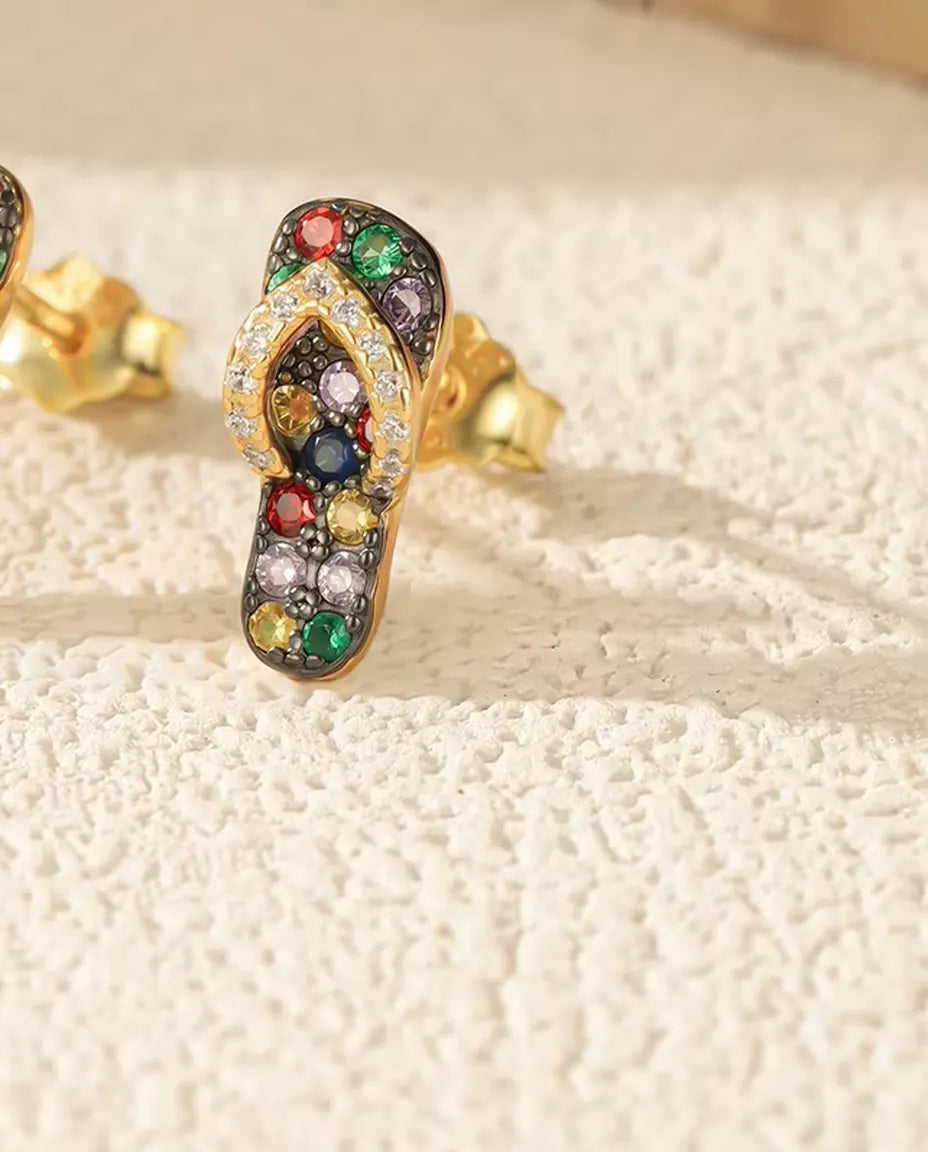 Pendientes de Chanclas con piedras de colores - plata de ley 925 chapada en oro de 18 quilates, 4,5 x 11 mm